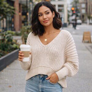 VICI Chunky Knit Cropped Sweater Small Cream V-Neck Oversized Cozy